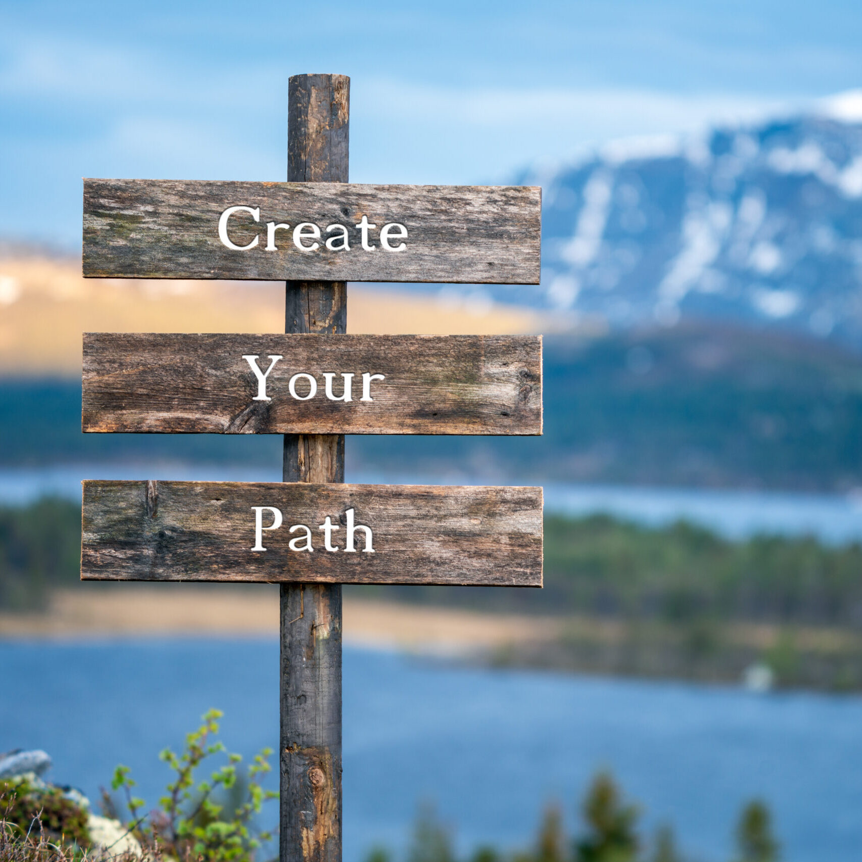 create your path text on wooden signpost outdoors in landscape s