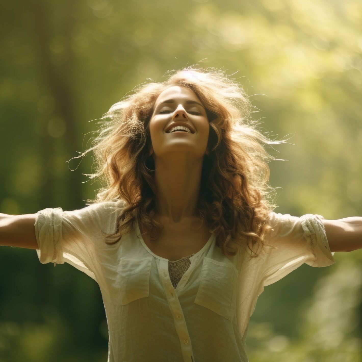 Woman enjoying the green beautiful nature woods forest around her - concept healthy natural lifestyle - happiness emotion. Parcours raison'ame - marie la louve - coaching - equi coaching - peur du cheval